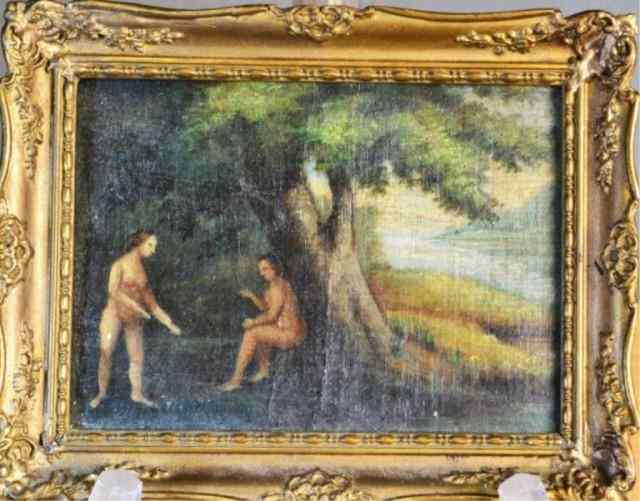 Appraisal: OLD MASTER MINIATURE OIL PAINTING ON PANELTwo nudes by tree