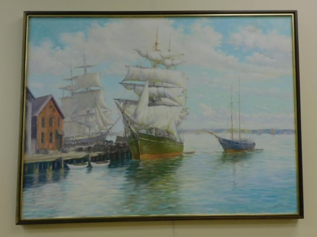 Appraisal: painting on canvas depicting a whaleship docked in New Bedford