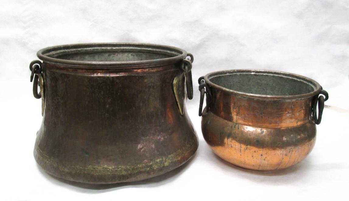 Appraisal: TWO TURKISH HAND FORGED COPPER VESSELS D planter with iron