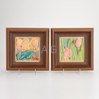 Appraisal: ROOKWOOD Two Faience tiles with tulip and magnolia decoration framed