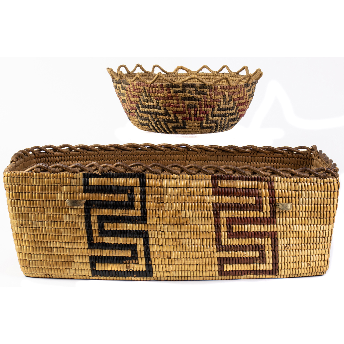 Appraisal: TWO SALISH OR THOMPSON RIVER POLYCHROME BASKETS BOTH WITH CRINALATIONS