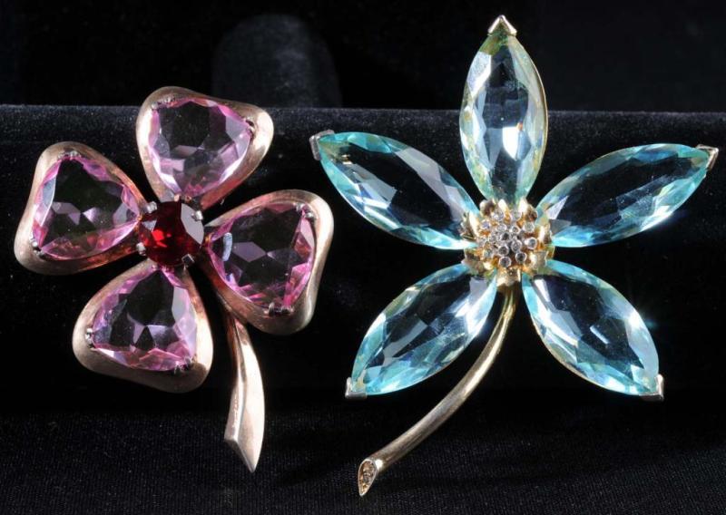 Appraisal: Signed Pair of Mazer Flower Pins Description Includes aquamarine glass