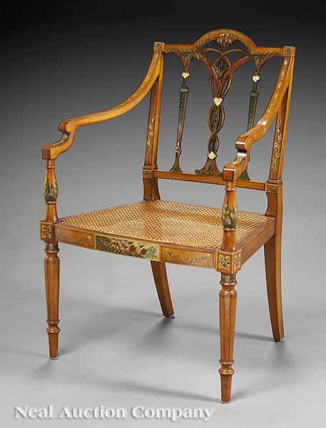 Appraisal: An Adam-Style Paint-Decorated Satinwood Armchair with arched crest rail pierced