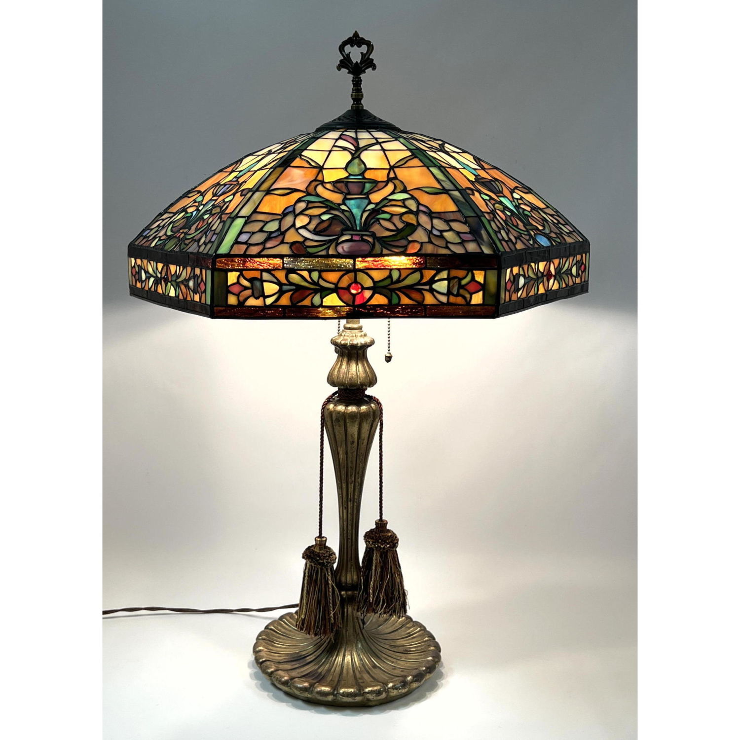 Appraisal: KICHLER Marked Leaded Stained Glass Lamp Elegant colorful shade Marked