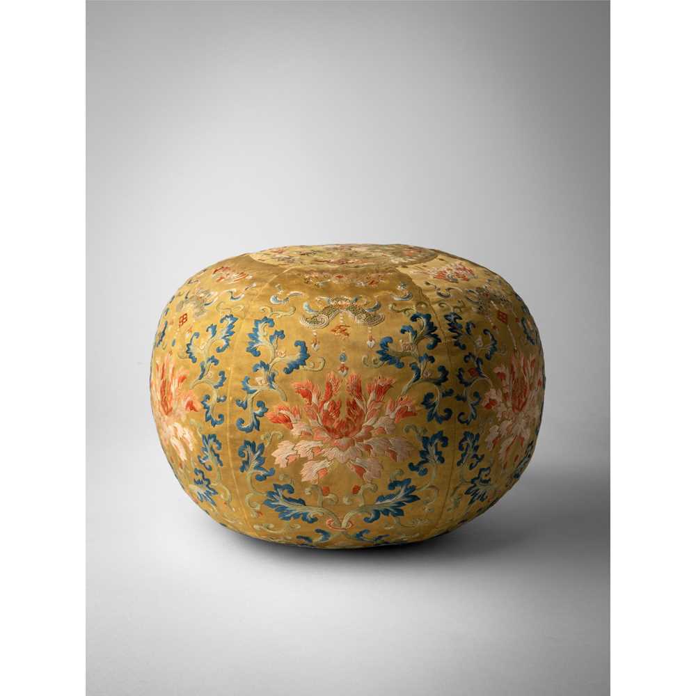 Appraisal: YELLOW-GROUND EMBROIDERED SILK 'LOTUS' SPHERICAL ELBOW CUSHION QING DYNASTY TH