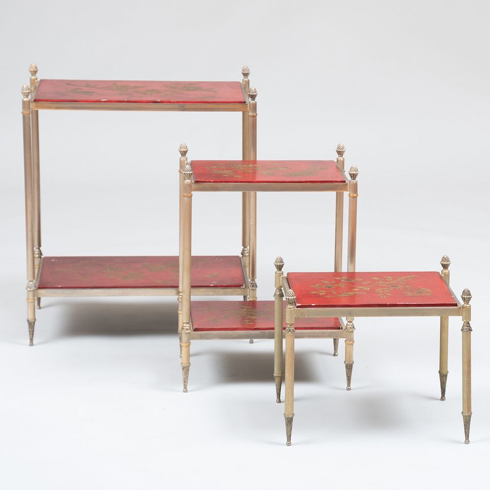 Appraisal: Group of Three Modern Brass-Mounted Red Lacquer Side Tables Possibly