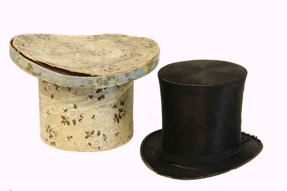 Appraisal: EARLY TOPHAT IN WALLPAPER BOX - Antebellum Sealskin Tophat by