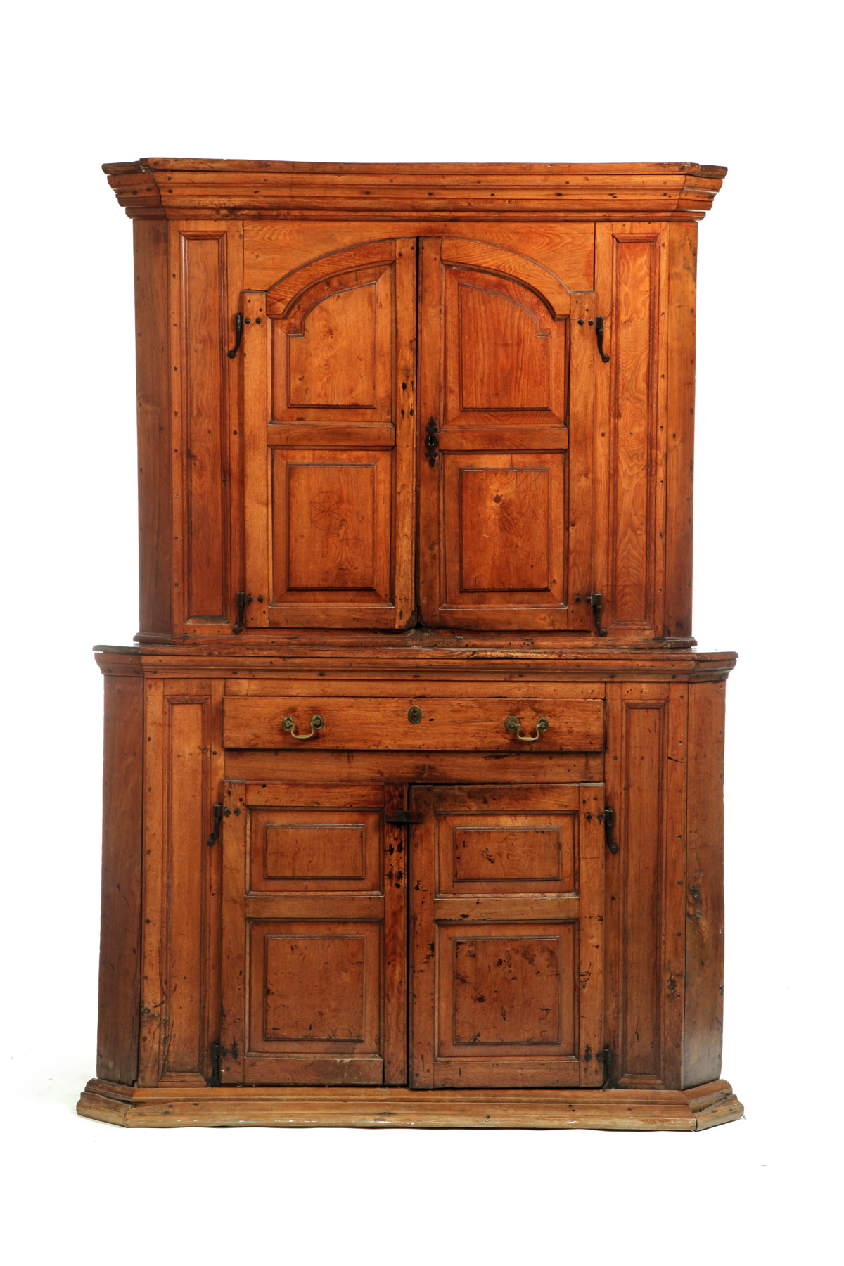 Appraisal: AMERICAN CHIPPENDALE CORNER CUPBOARD Ca walnut and pine Two-piece cupboard