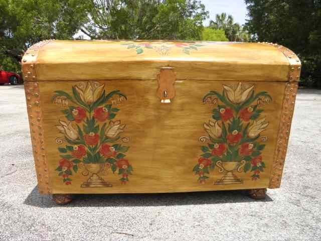 Appraisal: Large German hand painted floral blanket chest Curved top with