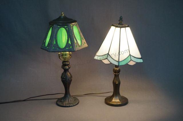 Appraisal: Leaded Stained Glass Boudoir Lamps Includes a cast metal tall