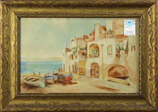 Appraisal: Watercolor Coastal Village Scene with Boats Italian School th century