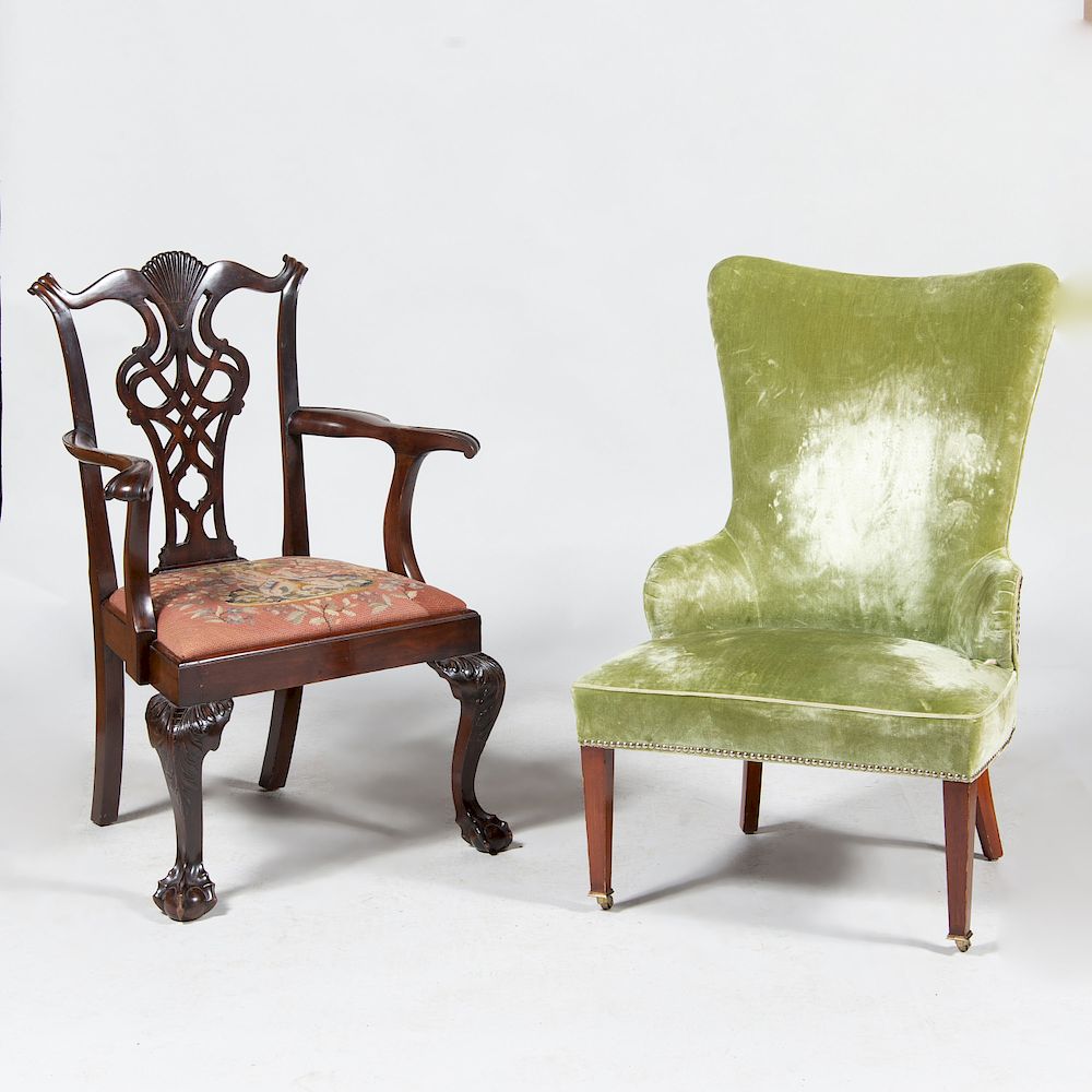 Appraisal: George III Style Mahogany Armchair and a Velvet Upholsterd Chair