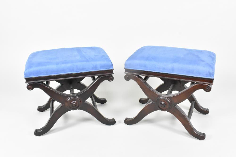 Appraisal: Rectangular seats on an swooping X-support with turned stretchers upholstered