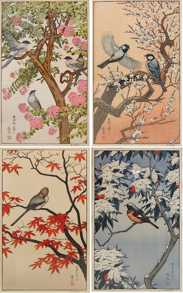 Appraisal: YOSHIDA Toshi Birds of the Seasons Four woodblock prints by