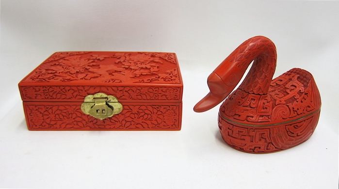 Appraisal: CINNABAR JEWELRY BOX WITH LIDDED DUCK DISH Dimensions of box