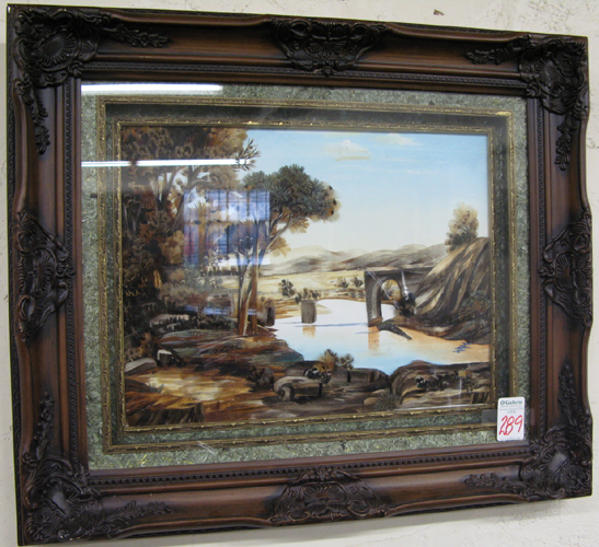 Appraisal: AN OIL PAINTING AND FEATHER SCULPTURE an oasis landscape with