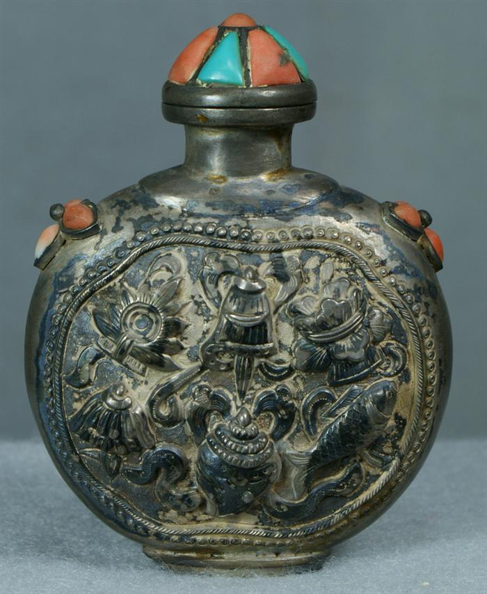 Appraisal: Tibetan silver snuff bottle inlaid with coral and turquoise th