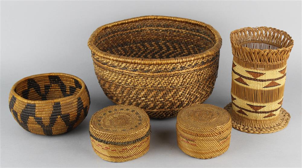 Appraisal: FIVE NATIVE AMERICAN PACIFIC COAST BASKETS first quarter th Century