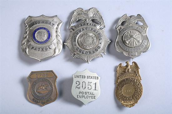 Appraisal: SIX VINTAGE LAW ENFORCEMENT BADGES Including Baltimore Post Office Department