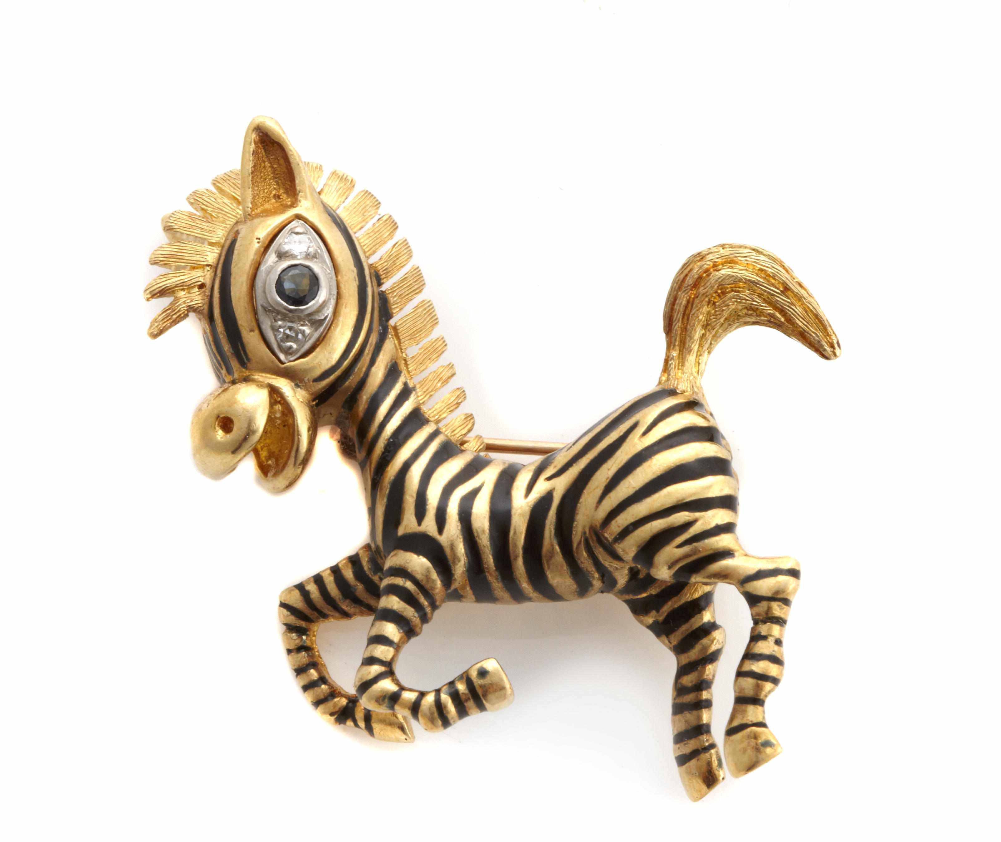 Appraisal: An enamel gem-set and k gold zebra brooch signed Rondette