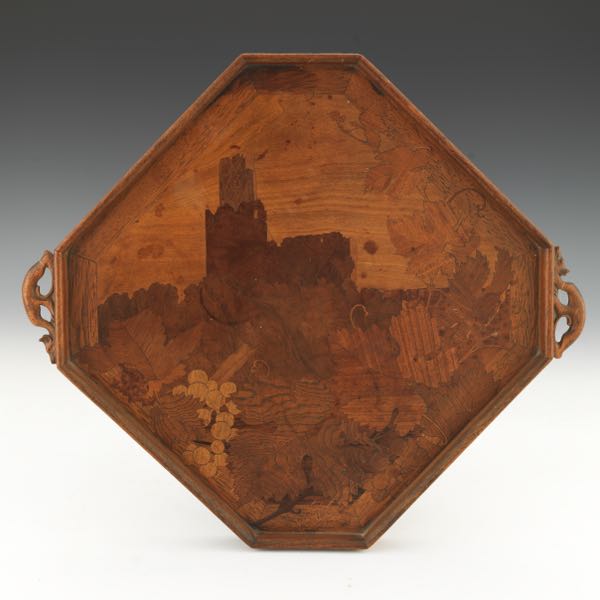 Appraisal: GALLE MARQUETRY TRAY x x Marquetry tray of castle ruins