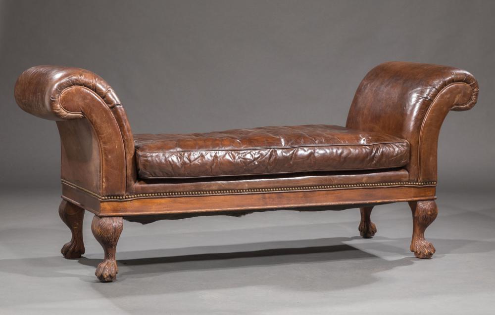 Appraisal: Ralph Lauren Waxed Leather Window Bench labeled out-scrolled arms molded