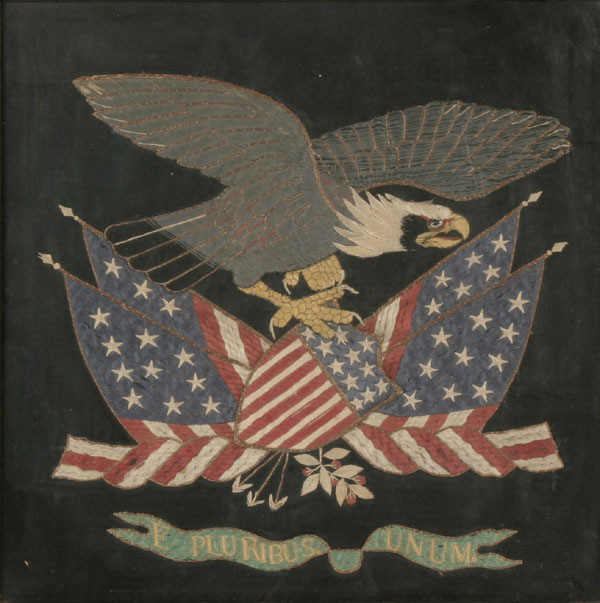 Appraisal: Export patriotic silk embroidered eagle atop American flag and shield