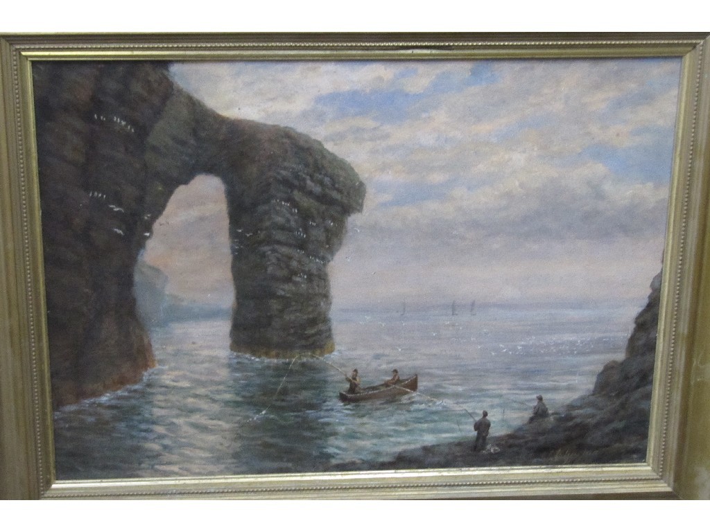 Appraisal: Oil on board 'Fishing off a rocky coast' signed and