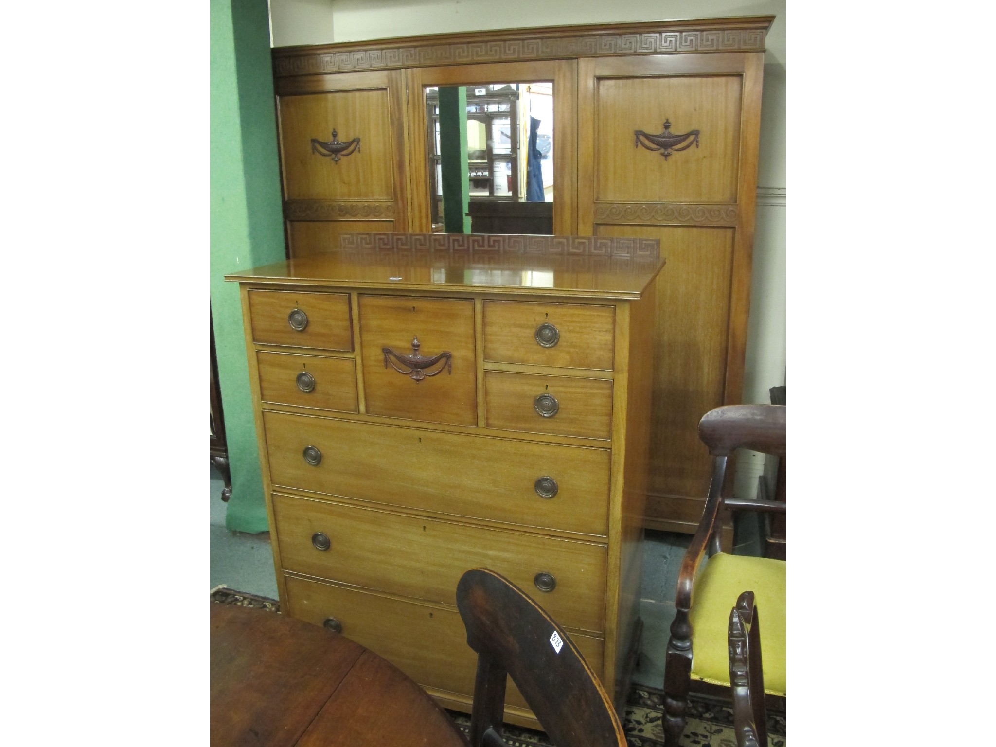 Appraisal: Mahogany mirror door wardrobe with matching chest of drawers