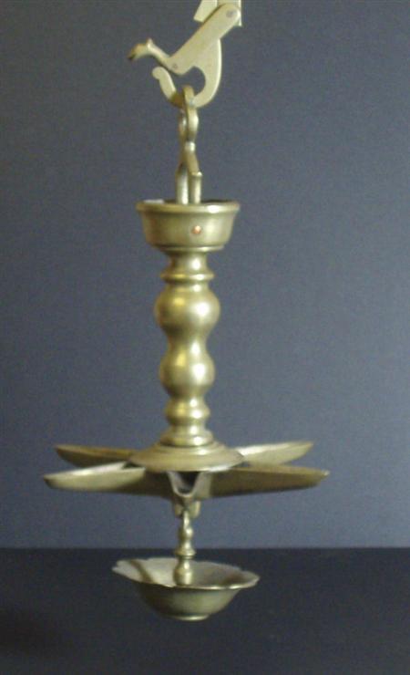 Appraisal: A brass Jewish Sabbath festival hanging lamp the baluster column