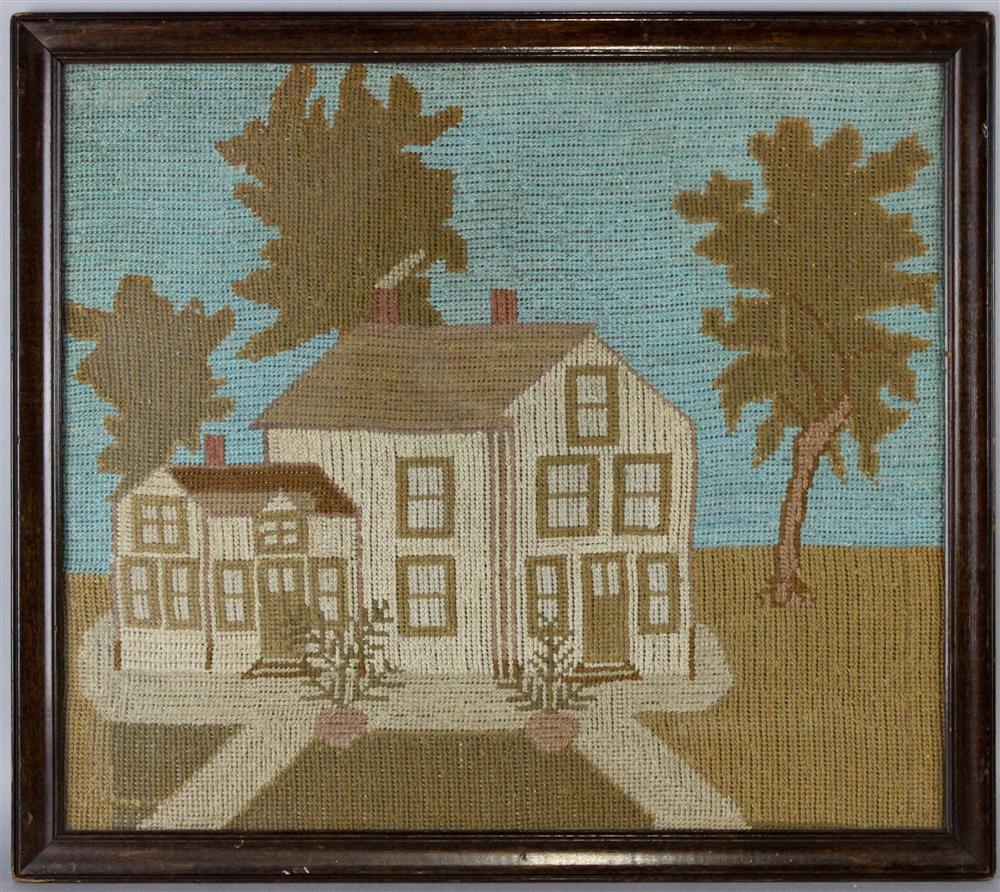 Appraisal: VINTAGE PRIMITIVE WOOL CROSS STITCH OF A HOUSE IN A