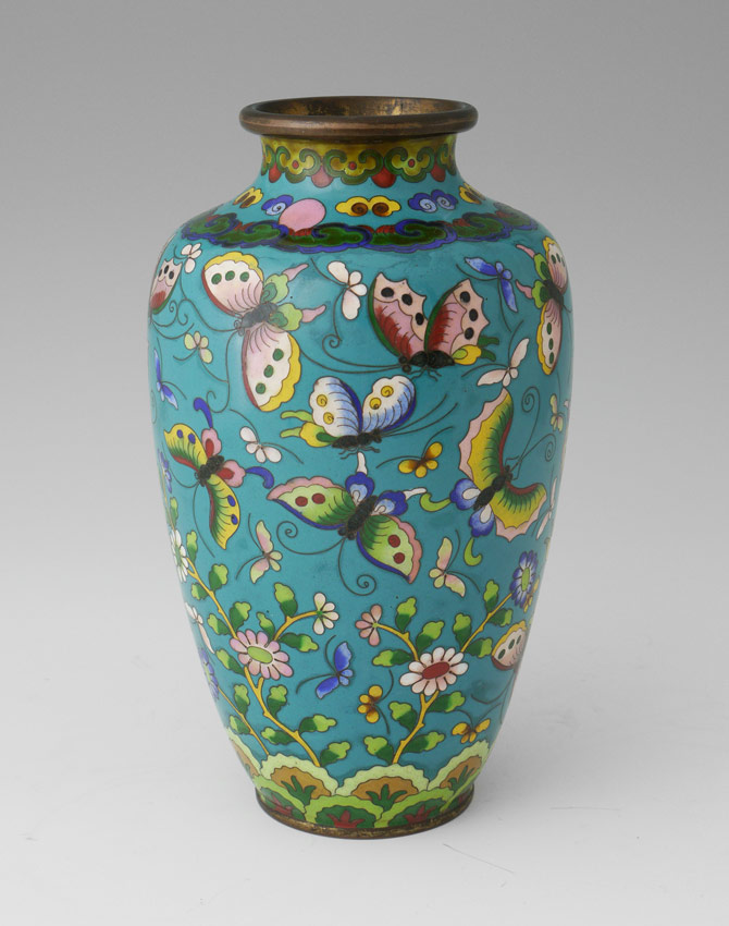 Appraisal: BUTTERFLY MOTIF CHINESE CLOISONNE VASE Turquoise ground with butterflies and