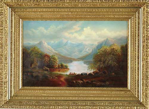 Appraisal: UNSIGNED American th Century MOUNTAIN LAKE WITH FISHERMAN Oil on