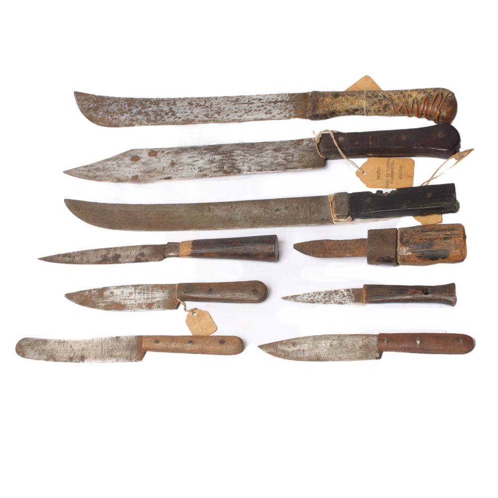 Appraisal: AFRICAN WEAPONRY HANDMADE KNIVES ONE WITH SNAKESKIN COVERED HANDLE L