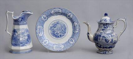 Appraisal: THREE STAFFORDSHIRE BLUE TRANSFER-PRINTED TABLE ARTICLES Comprising a large teapot