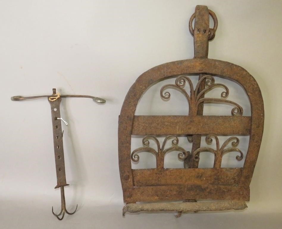 Appraisal: EARLY WROUGHT IRON HEARTH COOKING PIECESca early-mid th century ornate