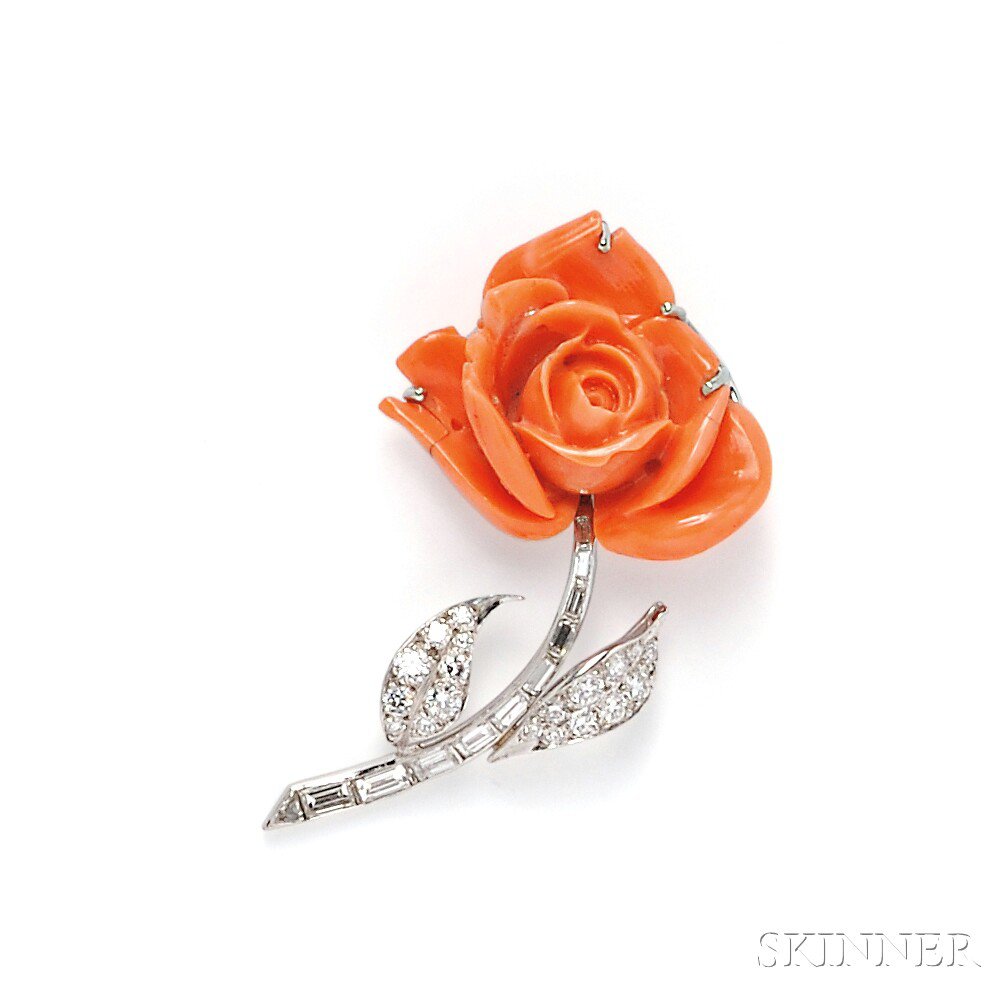 Appraisal: Coral and Diamond Flower Brooch the carved coral flower on