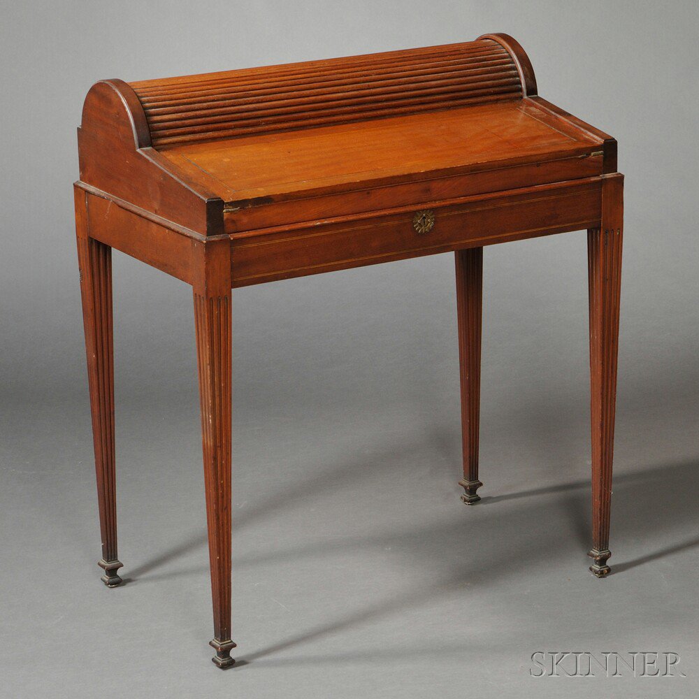 Appraisal: Federal Carved and Inlaid Mahogany Tambour Writing Desk on Frame