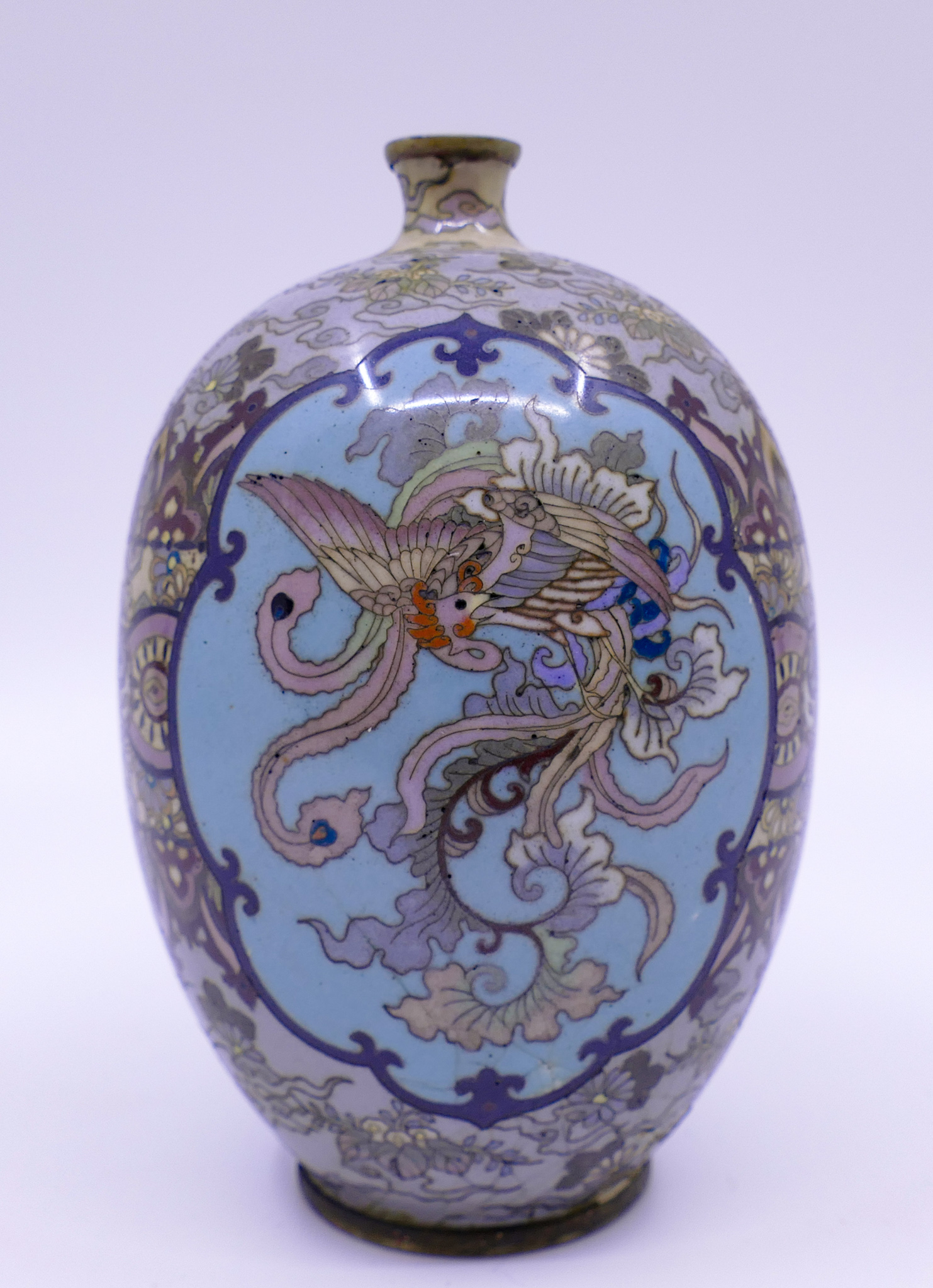 Appraisal: Fine Meiji Japanese Dragon Phoenix Cloisonne Cabinet Vase some damage