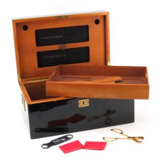 Appraisal: Davidoff Black Lacquered Wood and Brass Humidor Interior lift out