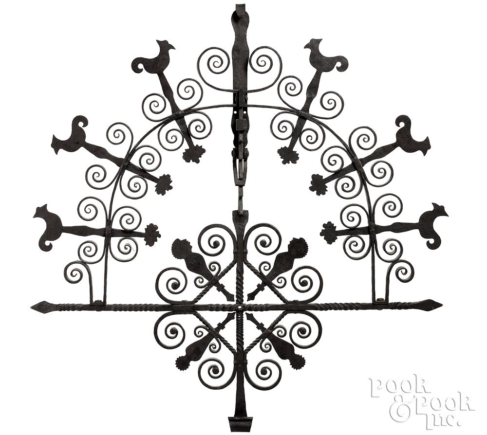 Appraisal: Elaborate Pennsylvania wrought iron pot rack Elaborate Pennsylvania wrought iron