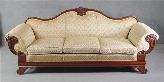 Appraisal: Classical Style Mahogany Sofa Circa Carved serpentine crest rail Cornucopia