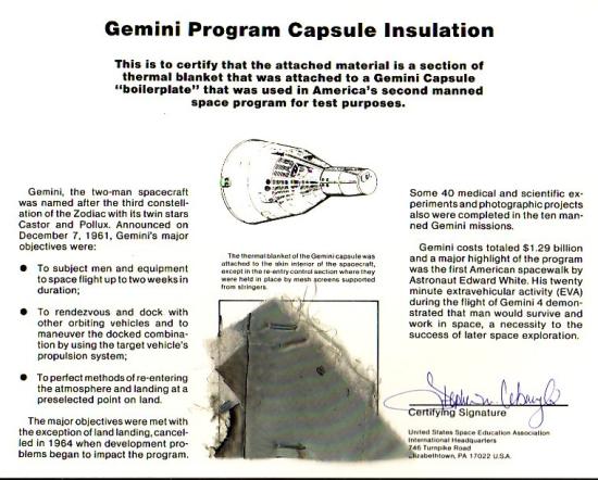 Appraisal: Gemini Insulation An approximately x inch triangular segment of Gemini