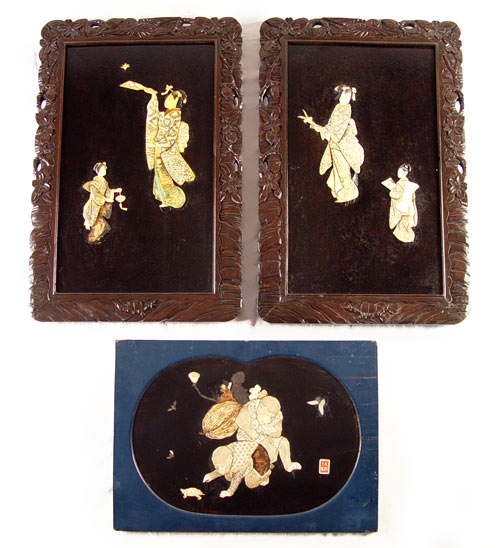 Appraisal: JAPANESE IVORY INLAY AND WOOD PANELS Monkeys on blue lacquer