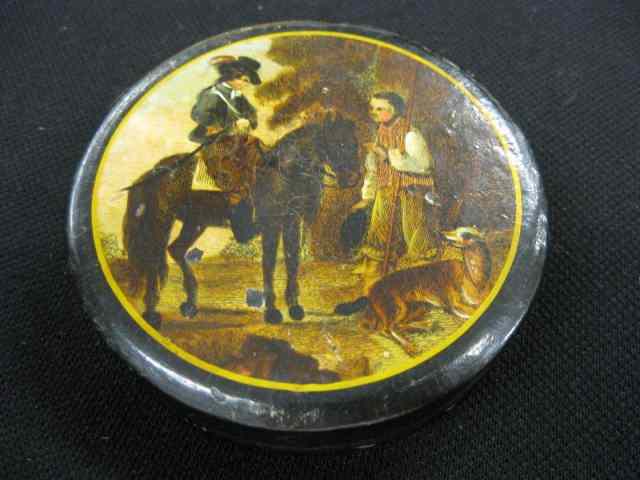 Appraisal: English Lacquerware Snuff Box scene with horse rider talking with