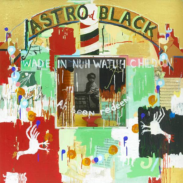 Appraisal: Radcliffe Bailey American b Astro Black oil acrylic cloth paper