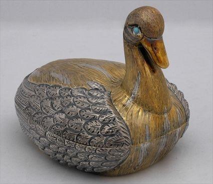 Appraisal: MEXICAN SILVER AND PARCEL-GILT DUCK-FORM LIDDED BOX Impressed Tane Mexico