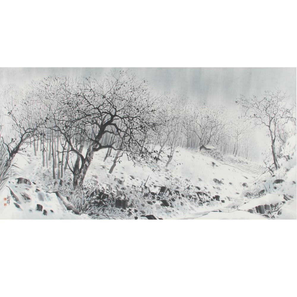 Appraisal: LARGE KOREAN WINTER INK AND WATERCOLOR LANDSCAPE PAINTING X IMAGE