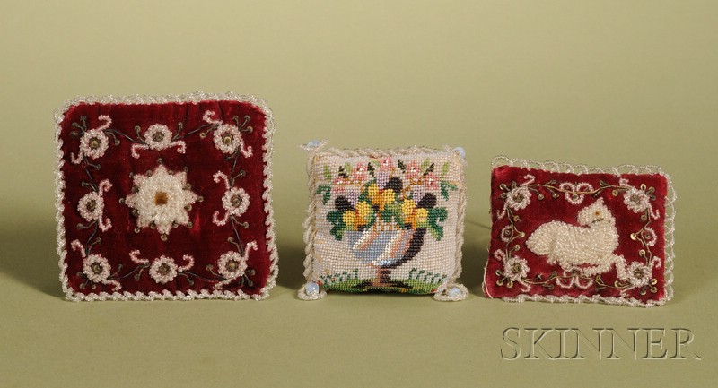 Appraisal: Three Miniature Victorian Beadwork Pillows late th century comprising two