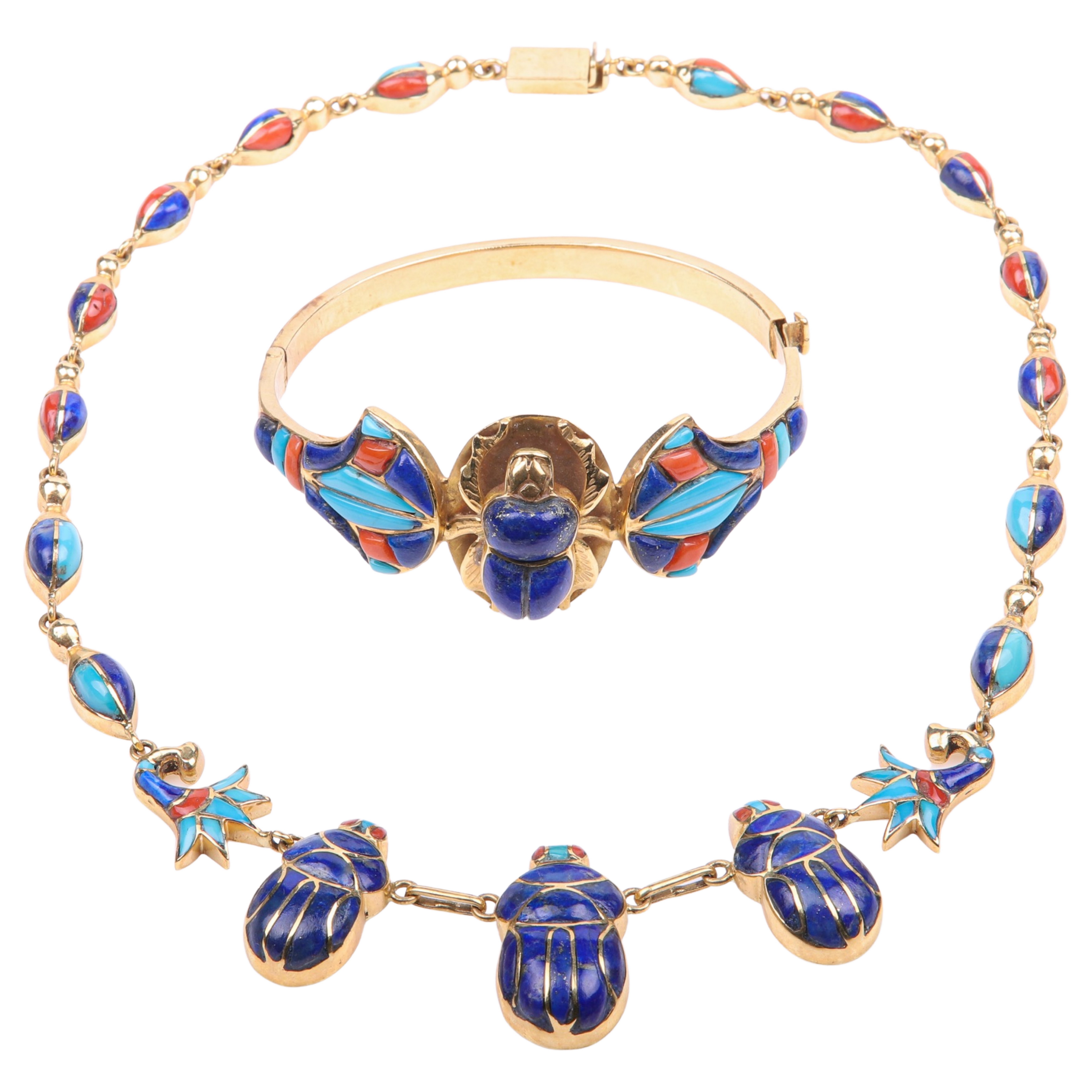 Appraisal: K Egyptian revival scarab necklace and bangle Necklace inlaid with